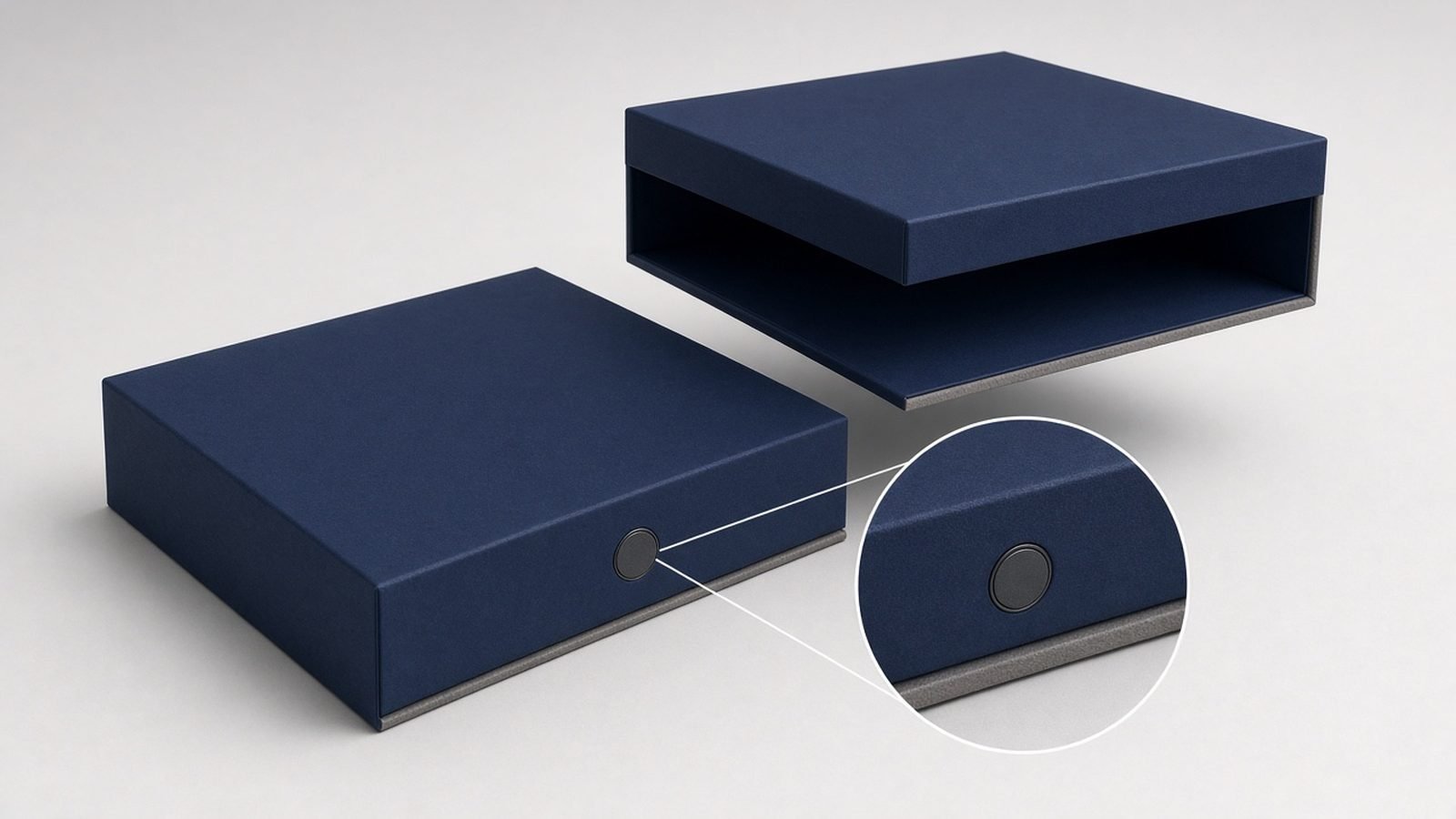 Two blank navy boxes, one with a round magnet visible in the board edge and a zoom circle magnifying it, the other with its lid lifted