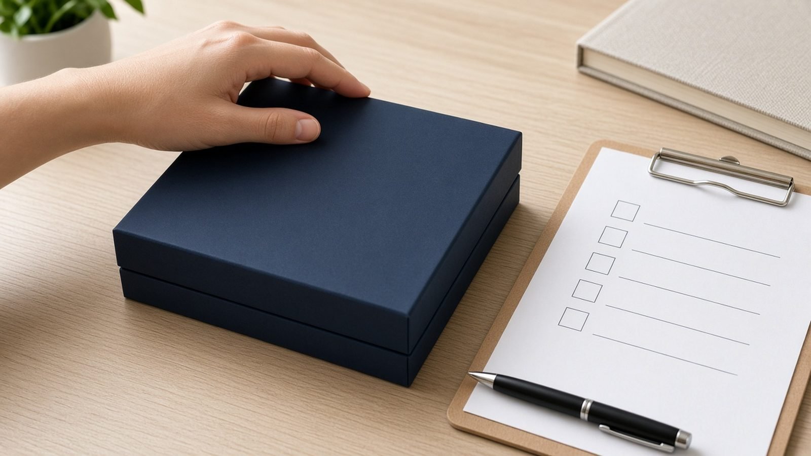 Hand closing a blank navy box beside a clipboard checklist during a magnetic gift box sample test