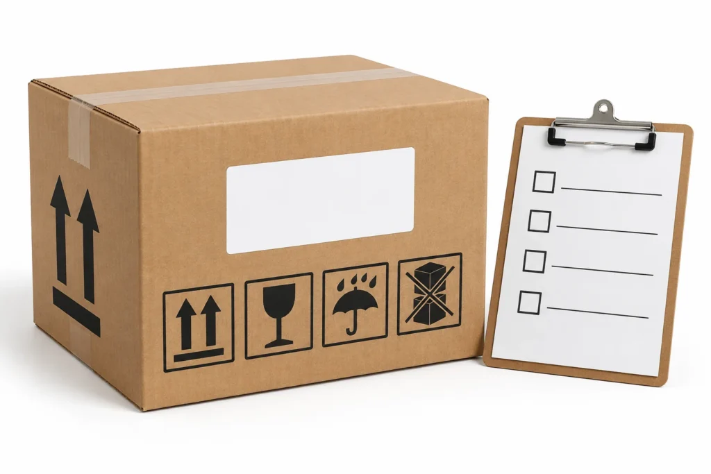 Conceptual master carton with a blank label area, handling symbols and an approval checklist.