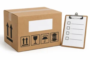 Conceptual master carton with a blank label area, handling symbols and an approval checklist.