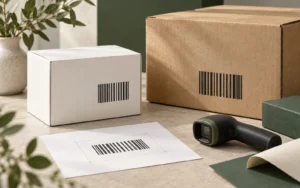 Concept illustration of unbranded boxes with non-scannable barcode-like graphics