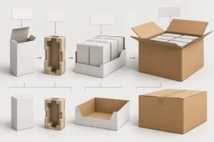 Conceptual packaging BOM hierarchy from product carton to insert, tray and master case.