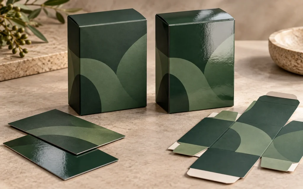 Conceptual side by side matte and gloss laminated folding cartons