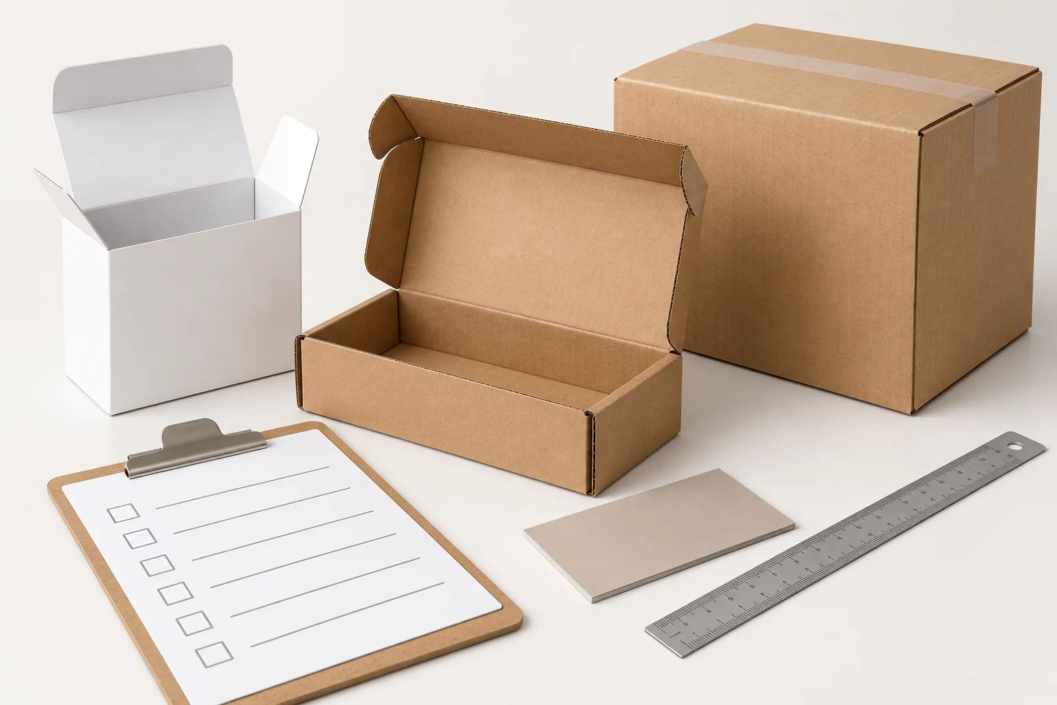 Conceptual unbranded packaging components with a neutral inspection checklist and ruler.