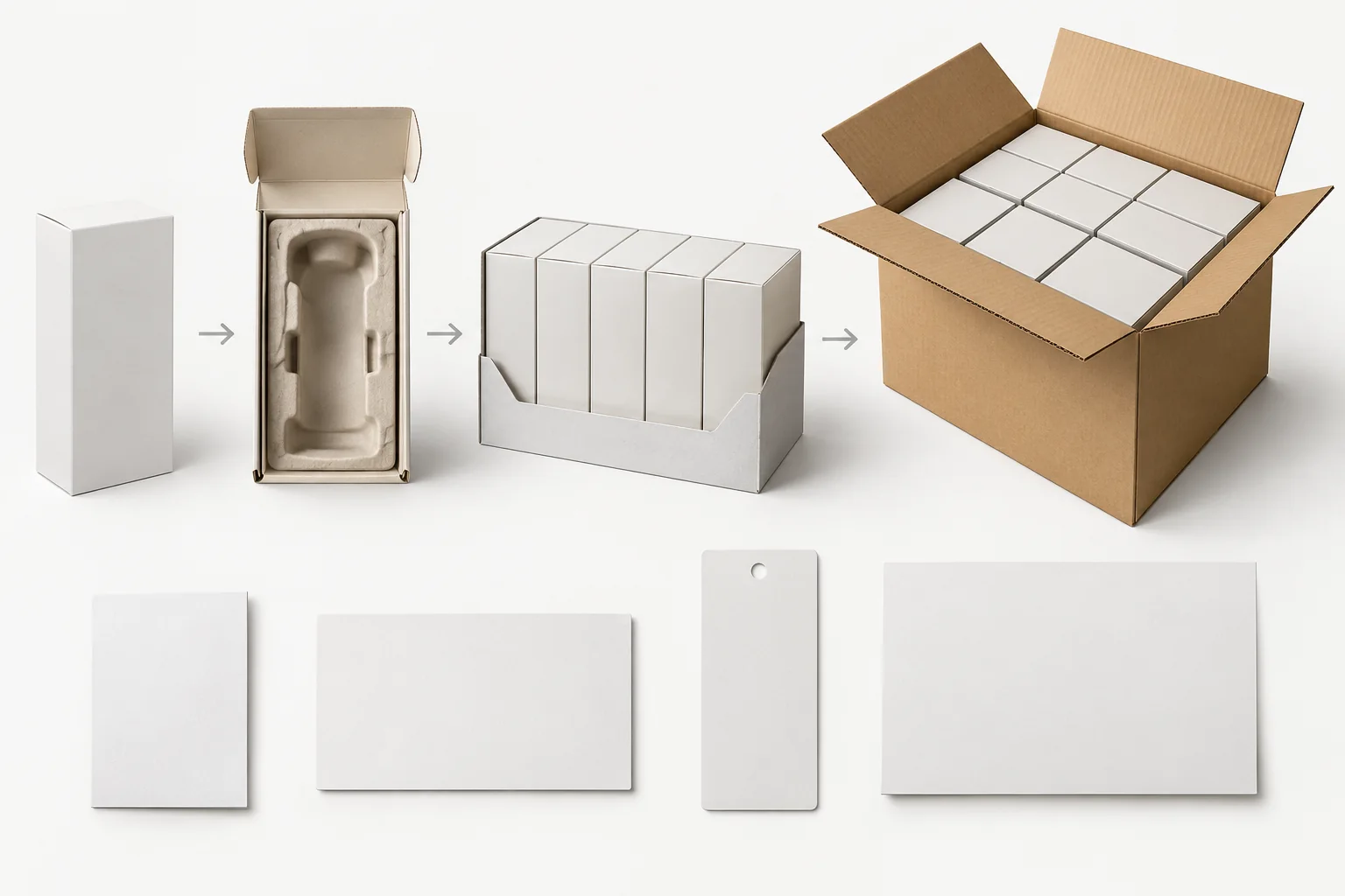 Conceptual product carton, insert, retail tray and master carton for pack hierarchy inspection.