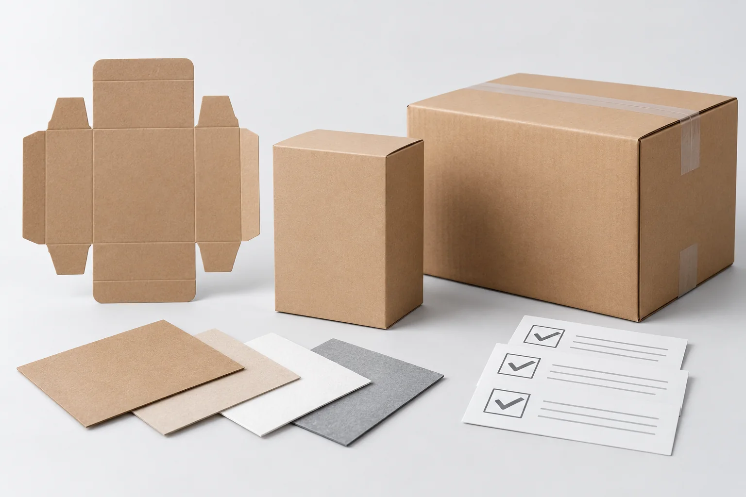 Conceptual dieline, carton, master case and material swatches for packaging acceptance review.
