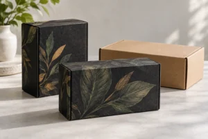 Concept printed paperboard cartons and corrugated mailer on a studio table