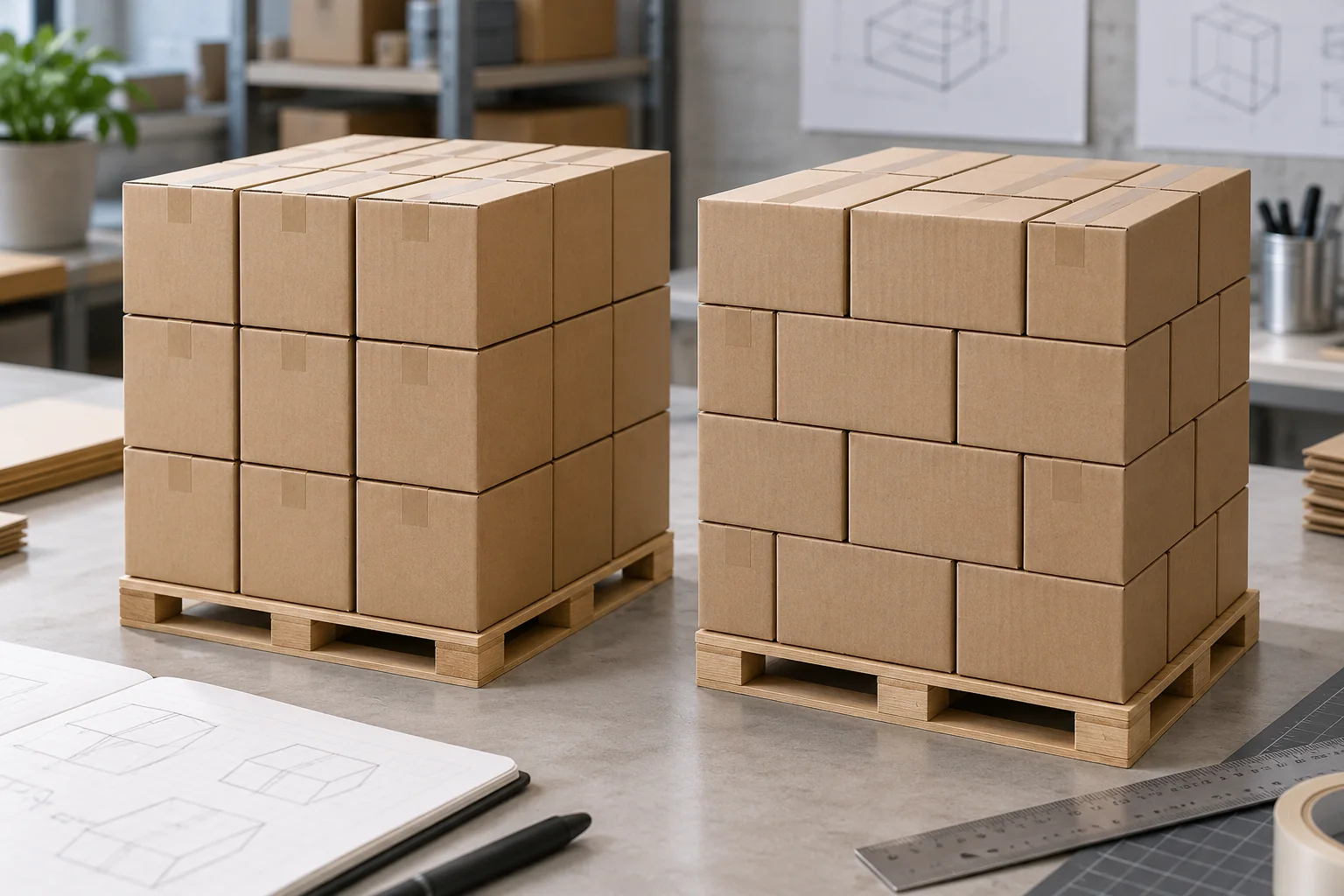 Concept tabletop comparison of column and interlocked pallet patterns