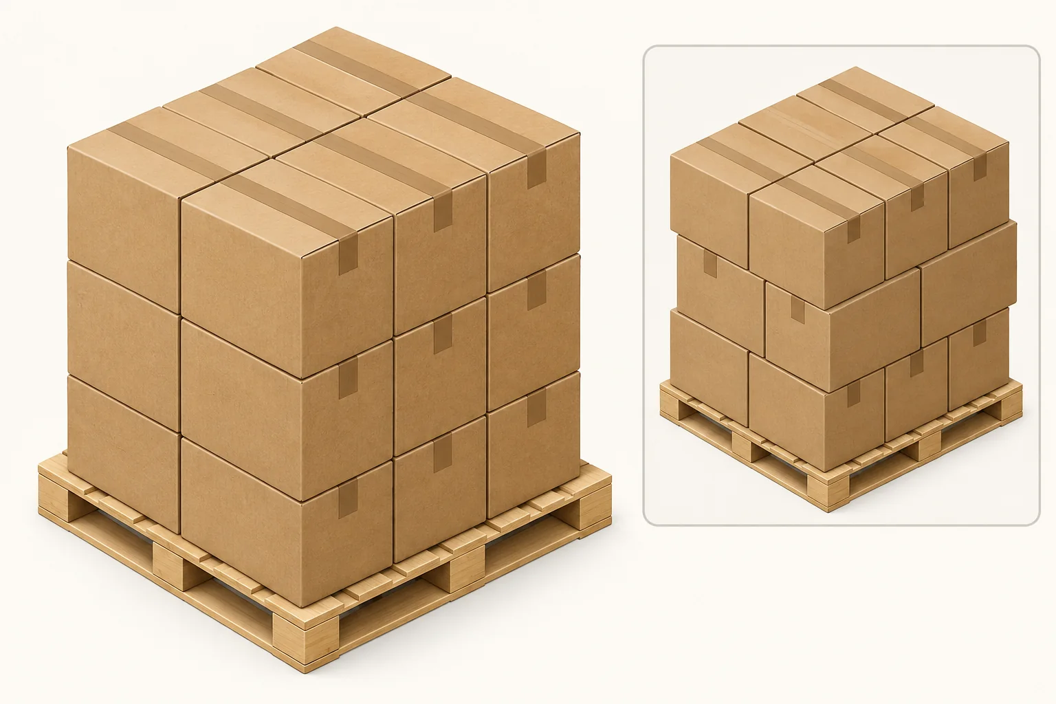 Concept illustration of aligned and staggered corrugated box stacks