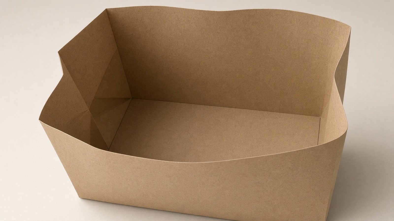 Open blank kraft paper bag seen from above showing the folded side gusset