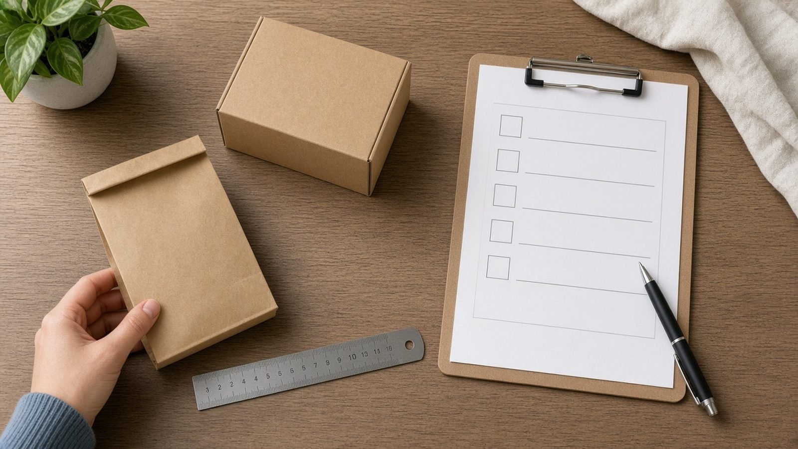 Flat-lay of a blank kraft paper bag, a small product box, a ruler and a clipboard checklist for checking a sample before ordering