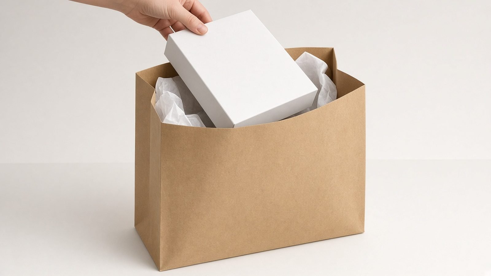 Hand placing a white gift box wrapped in tissue into a blank kraft paper bag
