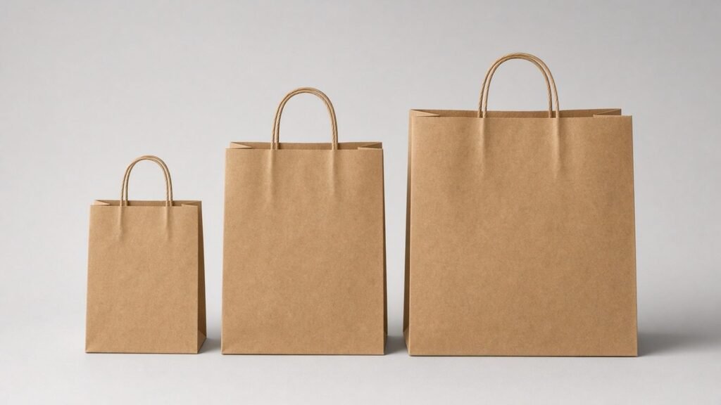 Three blank kraft paper bags with twisted handles in small, medium and large sizes lined up to compare paper bag sizes