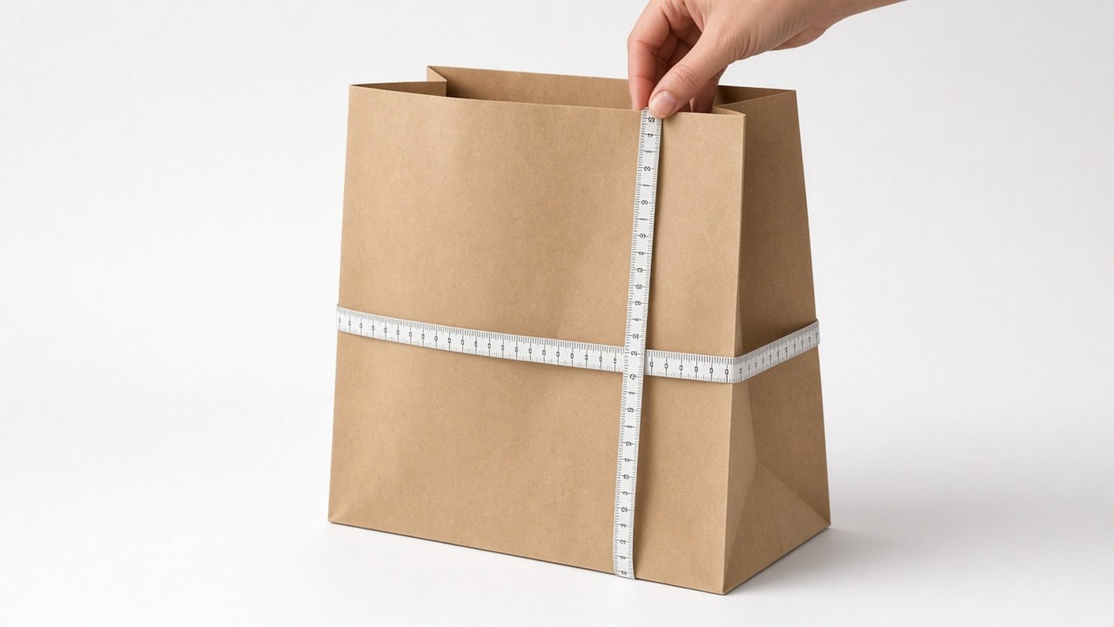 Hand holding tape measures against a blank kraft paper bag to measure width, gusset depth and height for paper bag sizes