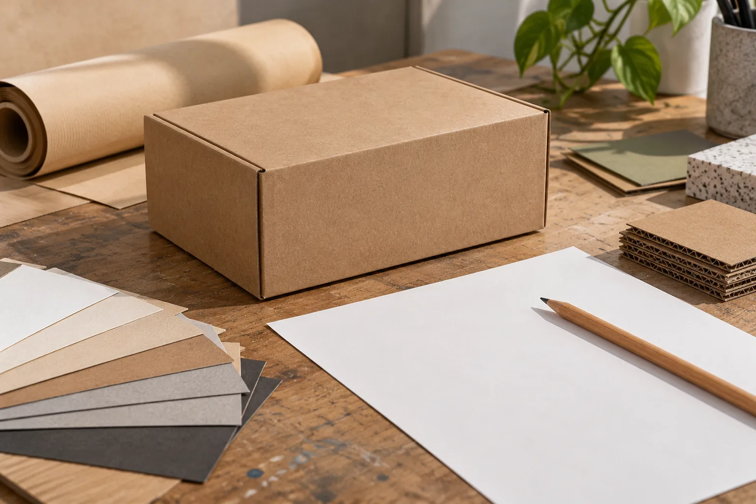 A kraft box, paper swatches, pencil and blank sheet on a desk.