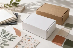 Blank white and kraft packaging boxes with paper colour swatches.