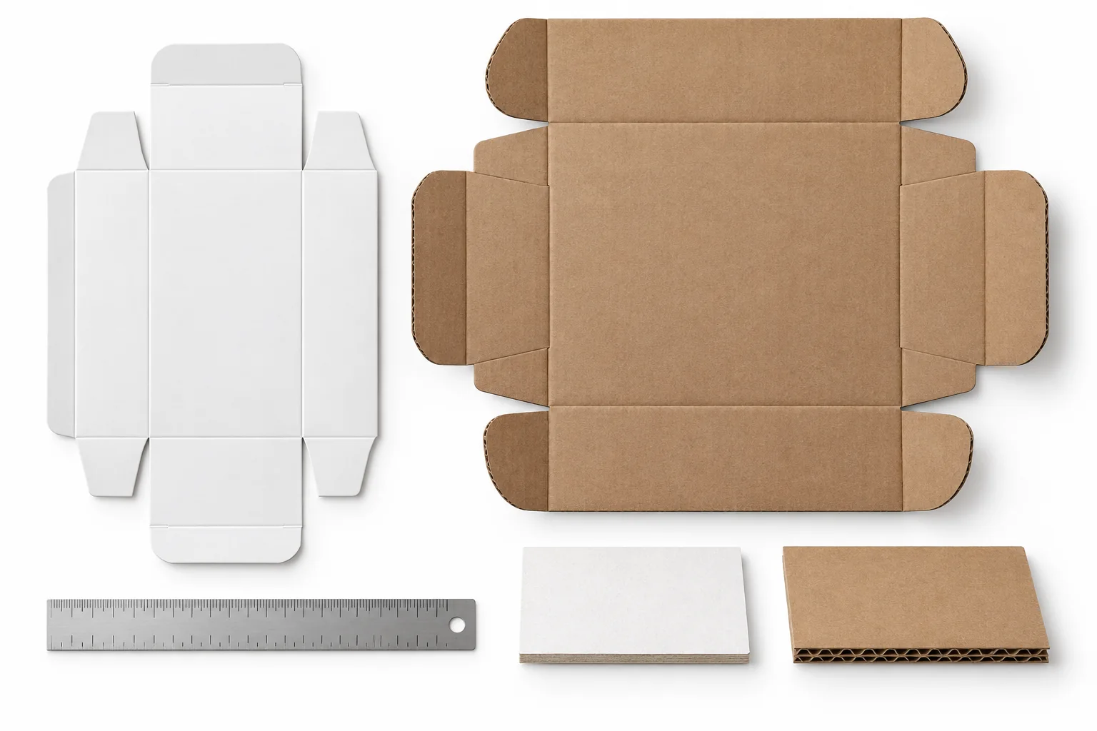 Conceptual folding-carton and corrugated-mailer blanks with paperboard and fluted board samples.