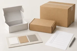 Conceptual unbranded packaging components with a neutral supplier qualification checklist.