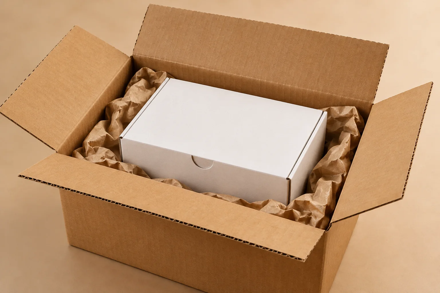 Conceptual product-facing carton inside a corrugated shipping box with paper cushioning.