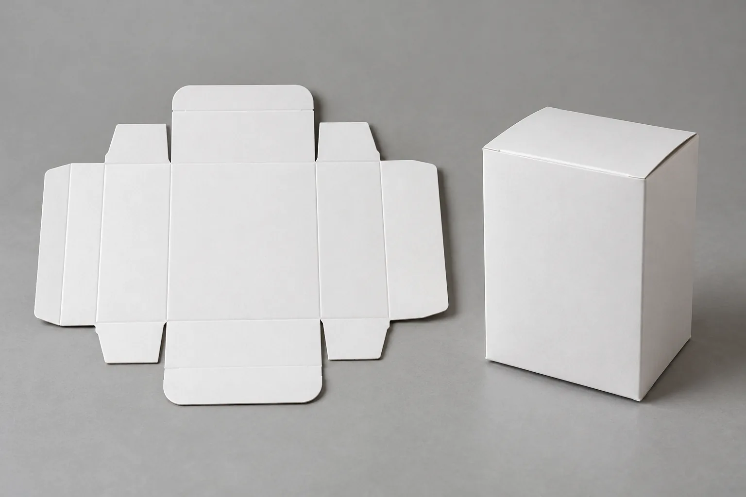 A flat unprinted white carton blank beside an assembled white carton.